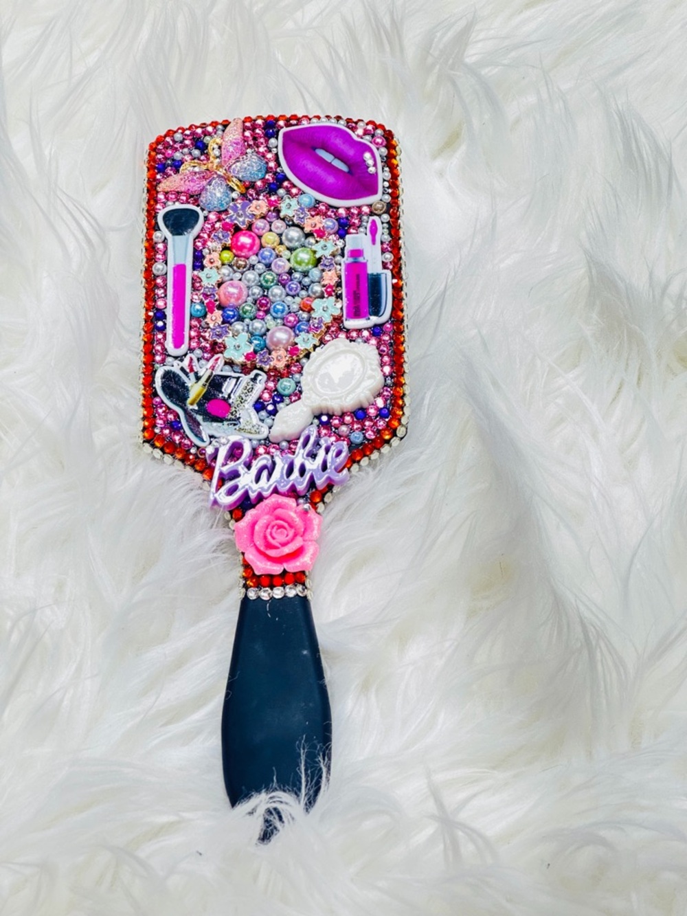 Barbie Pink Beaded Paddle Brush - Decorative Women Hair Styling Brush